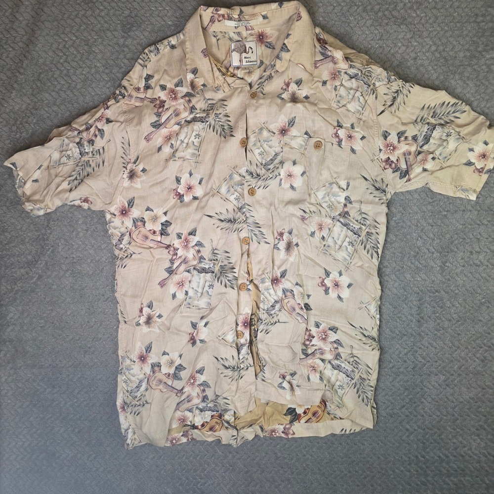 Marc Edwards Hawaiian Shirt Mens Large Beige Rayon Tropical Guitar Floral Camp